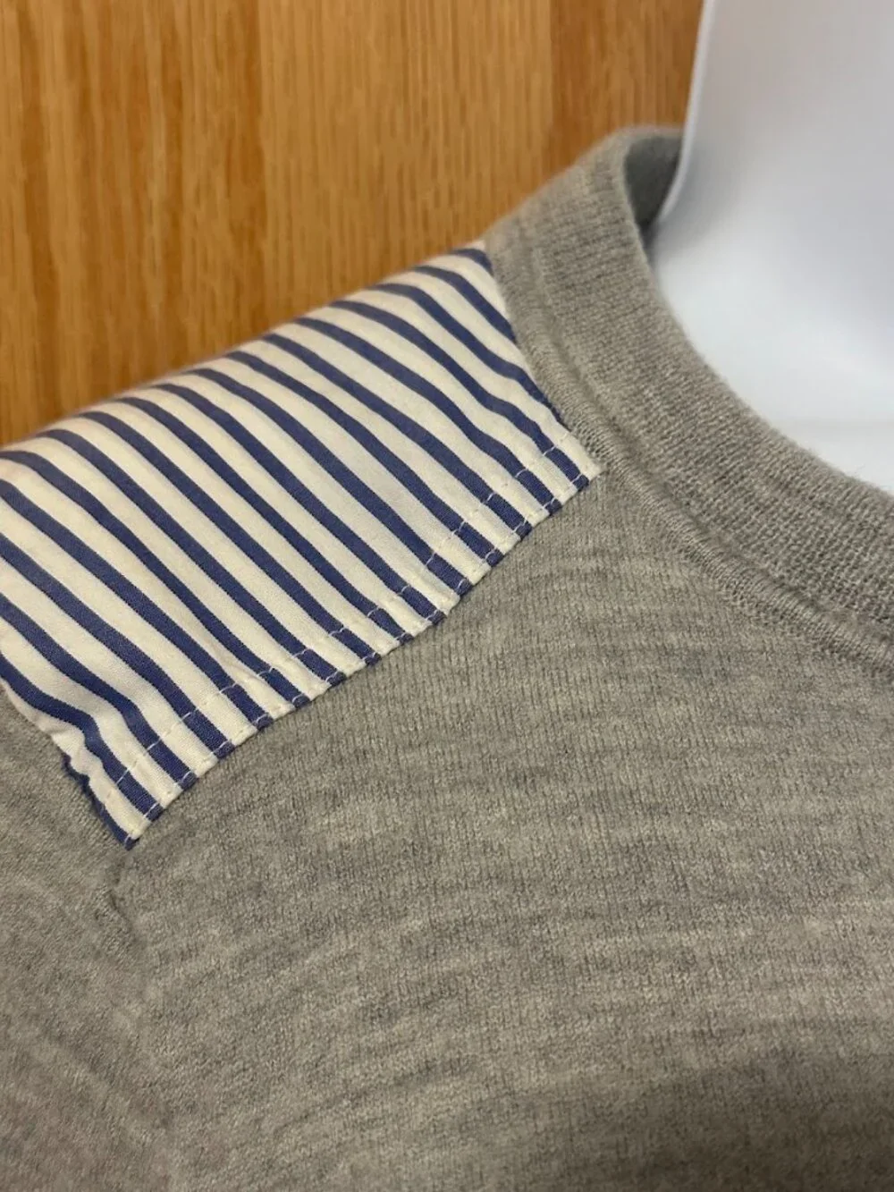 J. Crew Striped Wool/Cotton Mixed Media Crewneck Grey Sweater - Size Medium - Picture 2 of 8